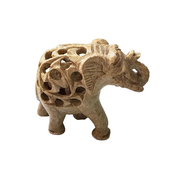 Hand Carved Soapstone Elephant Figurine with Intricate Jali Work Sculpture - Picture 5 of 9